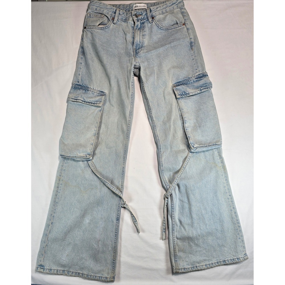 Zara Light Wash Wide Leg Cargo Jeans Light Blue Denim Utility Pants Size 4